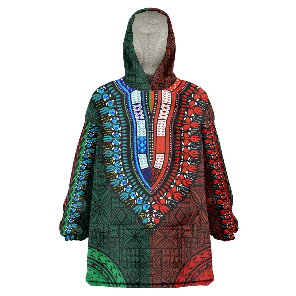 Green-red Dashiki and Tapa Pattern Wearable Blanket Hoodie Africa-Polynesia Together Culture