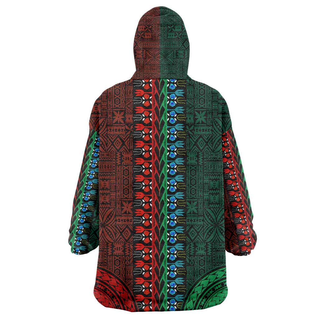 Green-red Dashiki and Tapa Pattern Wearable Blanket Hoodie Africa-Polynesia Together Culture