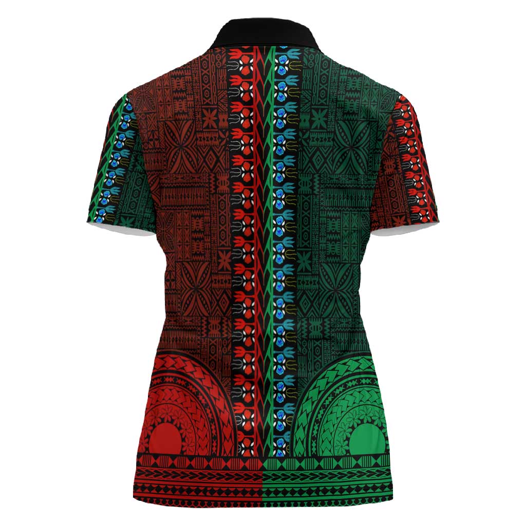 Green-red Dashiki and Tapa Pattern Women Polo Shirt Africa-Polynesia Together Culture