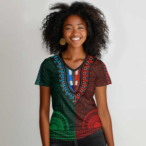 Green-red Dashiki and Tapa Pattern Women V-Neck T-Shirt Africa-Polynesia Together Culture