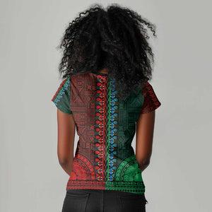 Green-red Dashiki and Tapa Pattern Women V-Neck T-Shirt Africa-Polynesia Together Culture
