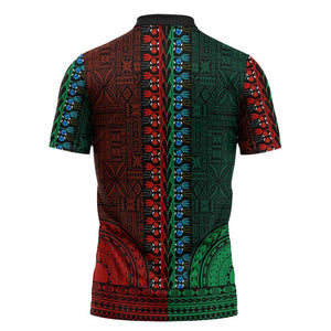 Green-red Dashiki and Tapa Pattern Zipper Polo Shirt Africa-Polynesia Together Culture