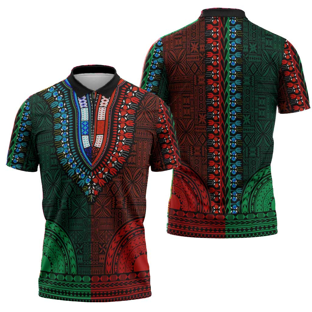 Green-red Dashiki and Tapa Pattern Zipper Polo Shirt Africa-Polynesia Together Culture