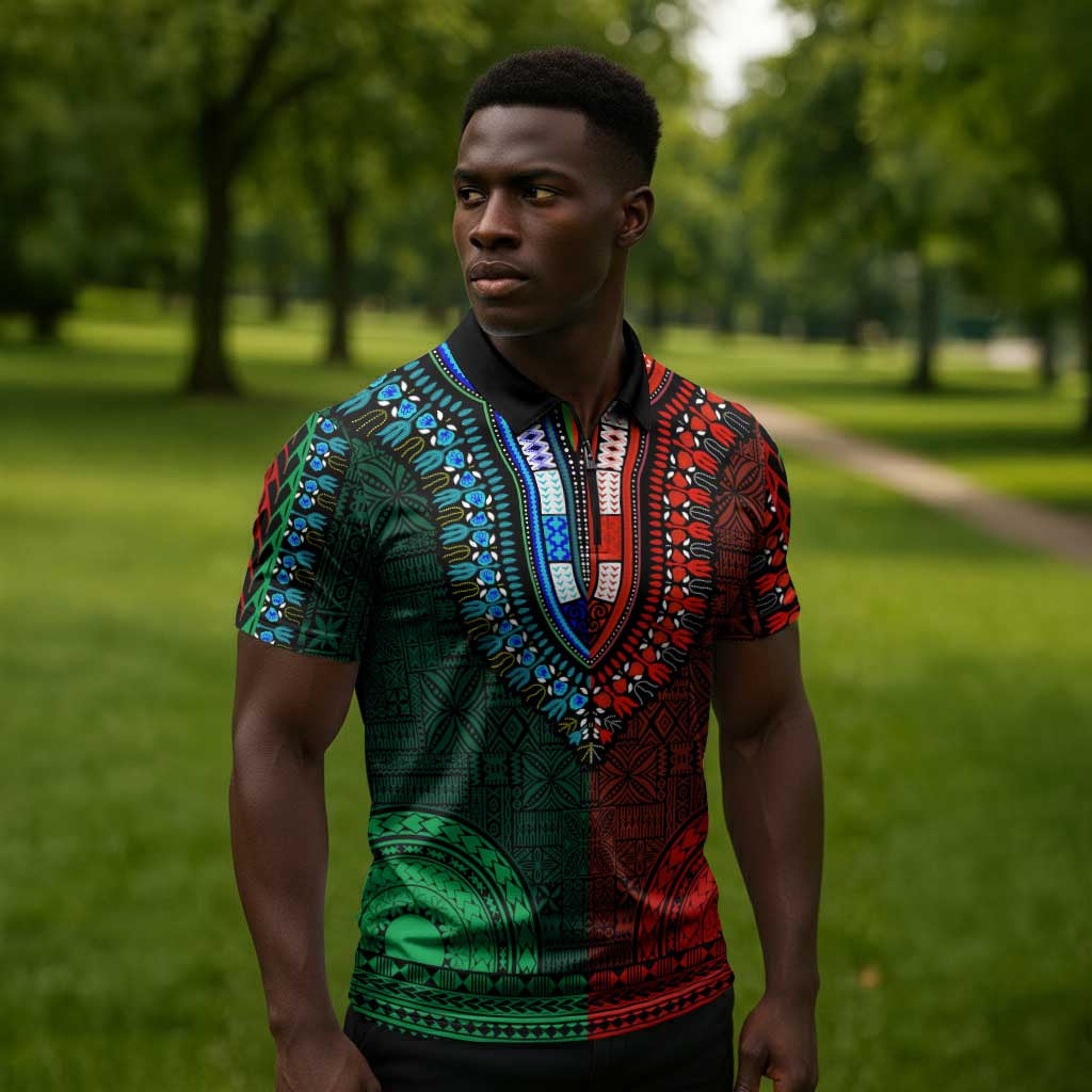 Green-red Dashiki and Tapa Pattern Zipper Polo Shirt Africa-Polynesia Together Culture