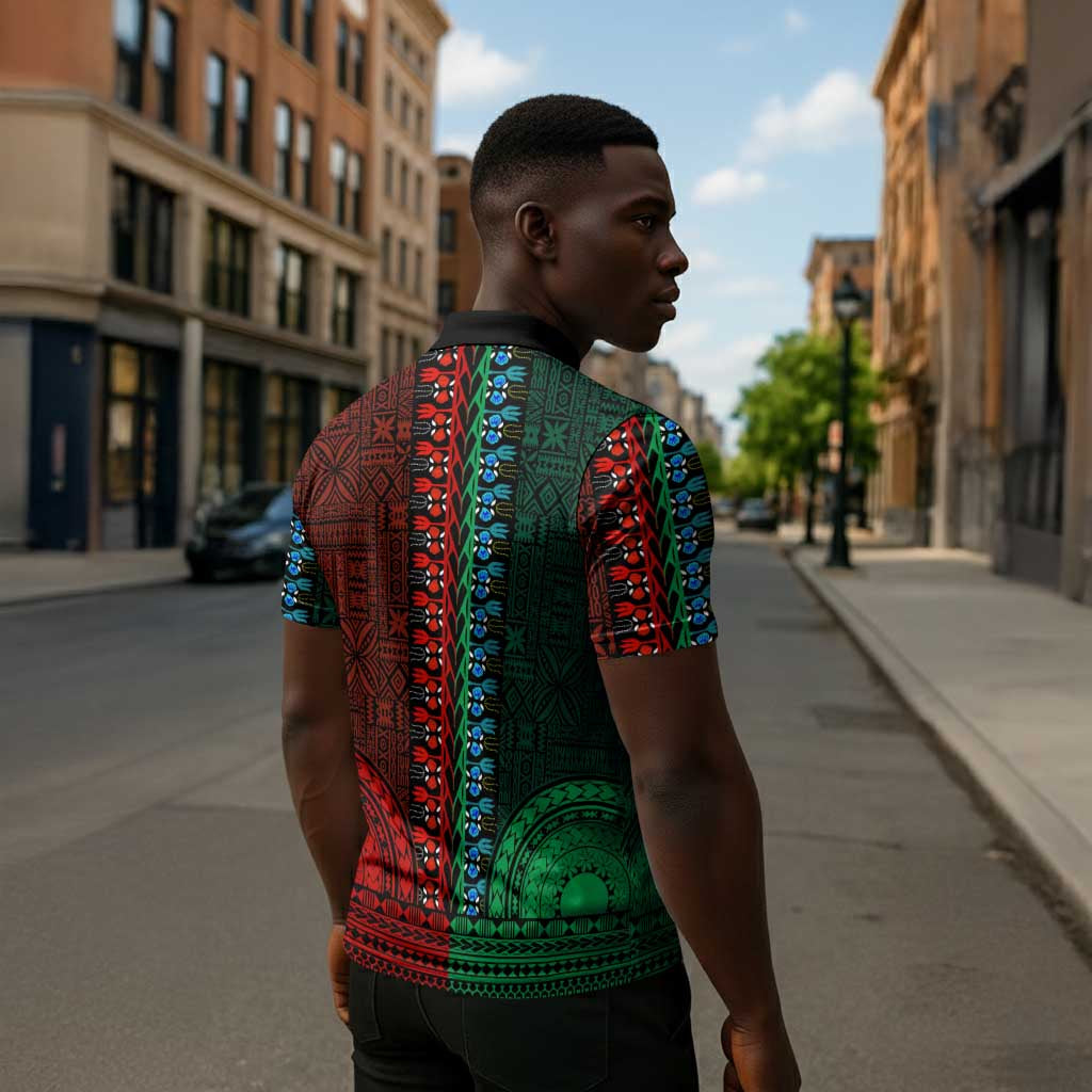 Green-red Dashiki and Tapa Pattern Zipper Polo Shirt Africa-Polynesia Together Culture