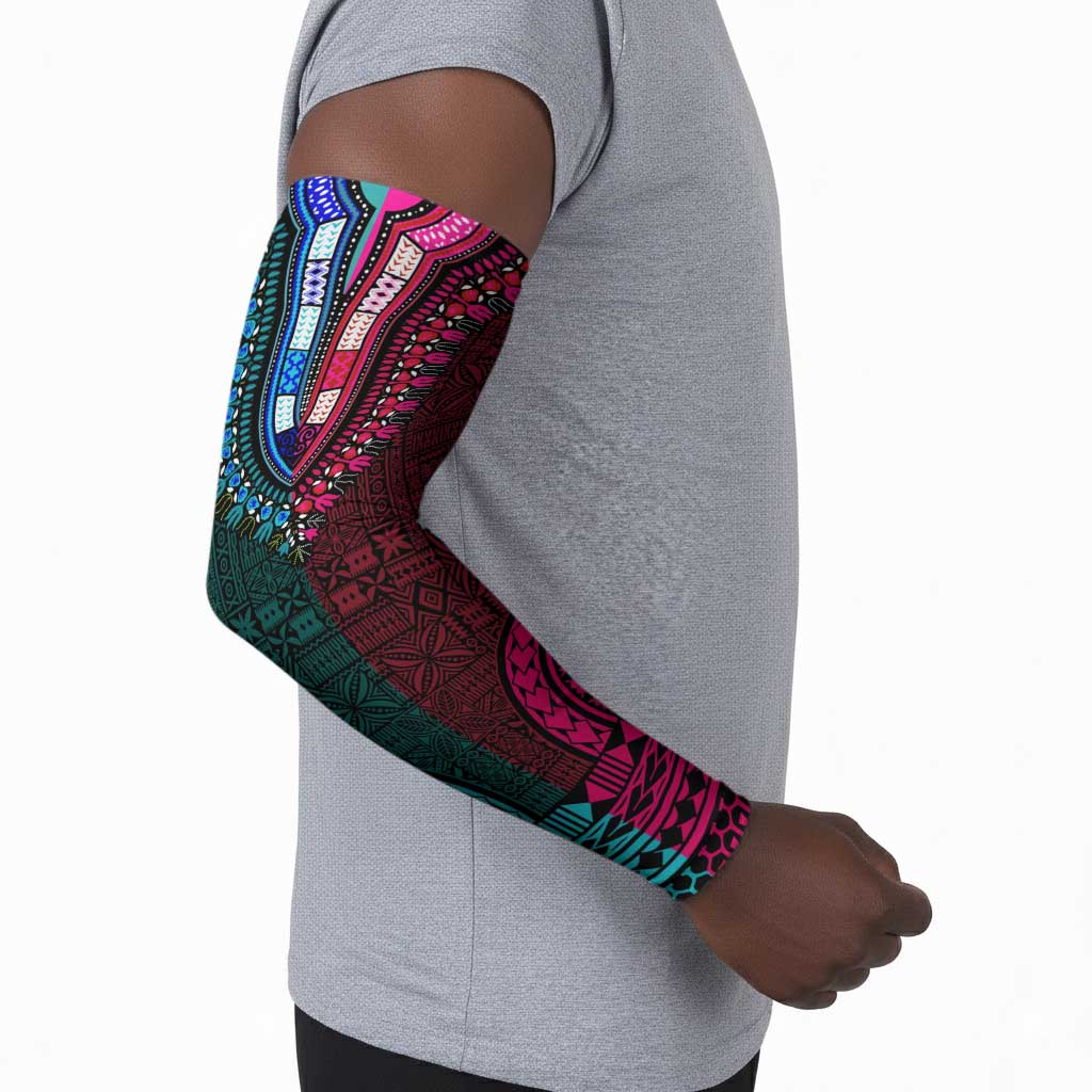 Teal-pink Dashiki and Tapa Pattern Arm Sleeves Africa-Polynesia Together Culture