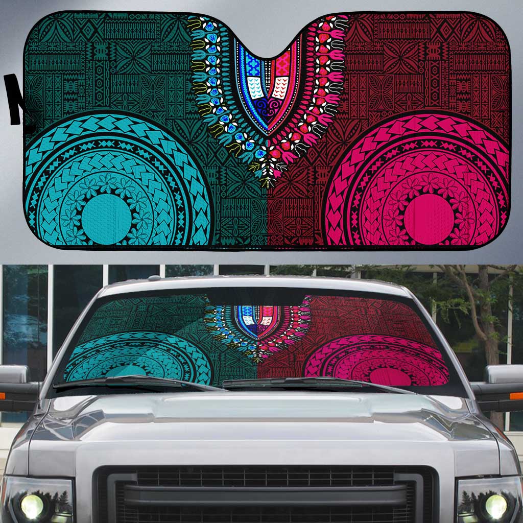 Teal-pink Dashiki and Tapa Pattern Auto Sun Shade Africa-Polynesia Together Culture