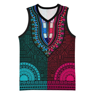 Teal-pink Dashiki and Tapa Pattern Basketball Jersey Africa-Polynesia Together Culture - African Pride