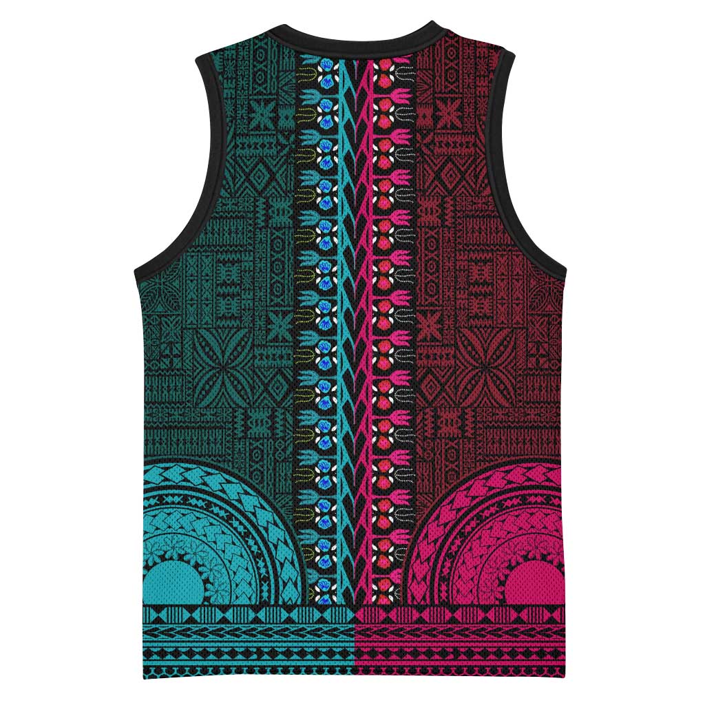 Teal-pink Dashiki and Tapa Pattern Basketball Jersey Africa-Polynesia Together Culture - African Pride