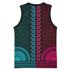 Teal-pink Dashiki and Tapa Pattern Basketball Jersey Africa-Polynesia Together Culture - African Pride