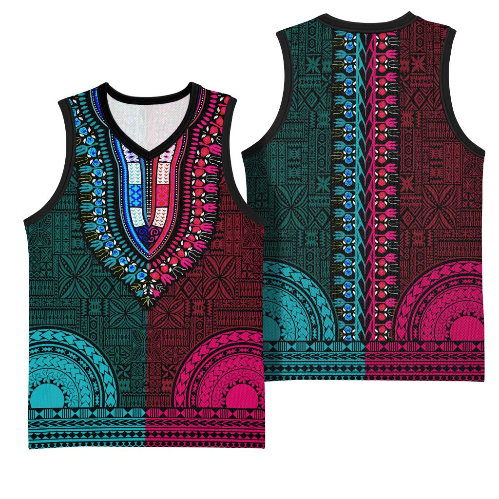 Teal-pink Dashiki and Tapa Pattern Basketball Jersey Africa-Polynesia Together Culture - African Pride