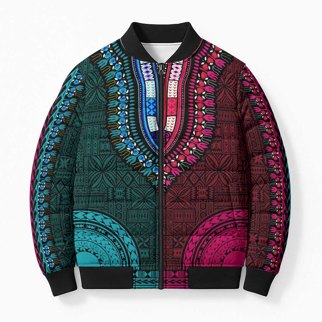 Teal-pink Dashiki and Tapa Pattern Bomber Puffer Jacket Africa-Polynesia Together Culture