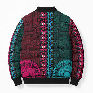 Teal-pink Dashiki and Tapa Pattern Bomber Puffer Jacket Africa-Polynesia Together Culture