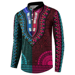 Teal-pink Dashiki and Tapa Pattern Button Sweatshirt Africa-Polynesia Together Culture