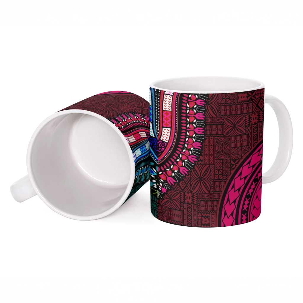 Teal-pink Dashiki and Tapa Pattern Ceramic Mug Africa-Polynesia Together Culture