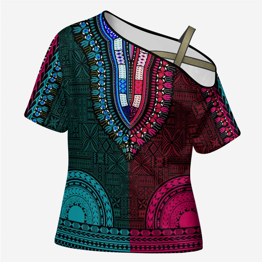 Teal-pink Dashiki and Tapa Pattern Cross Shoulder Shirt Africa-Polynesia Together Culture