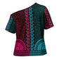 Teal-pink Dashiki and Tapa Pattern Cross Shoulder Shirt Africa-Polynesia Together Culture