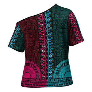 Teal-pink Dashiki and Tapa Pattern Cross Shoulder Shirt Africa-Polynesia Together Culture