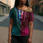 Teal-pink Dashiki and Tapa Pattern Cross Shoulder Shirt Africa-Polynesia Together Culture