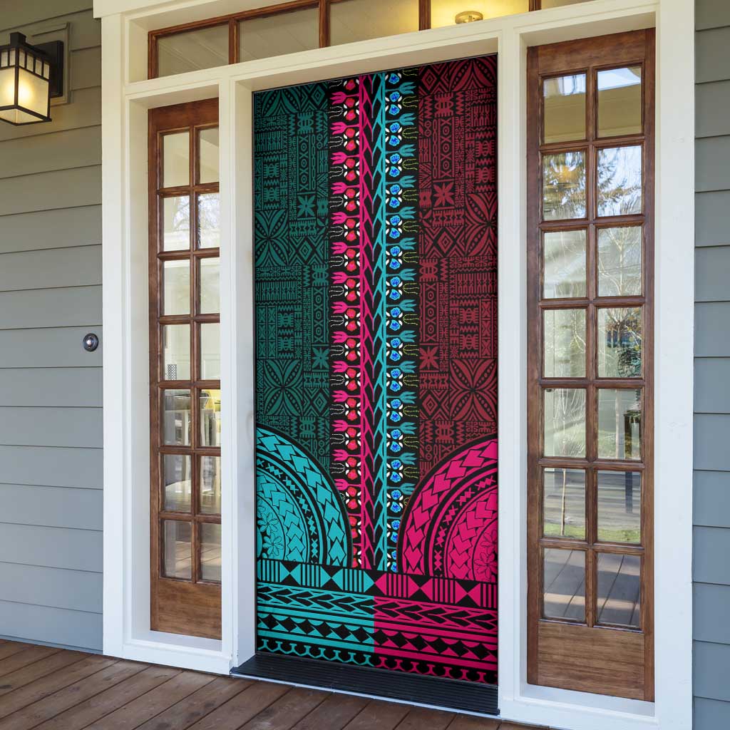 Teal-pink Dashiki and Tapa Pattern Door Cover Africa-Polynesia Together Culture
