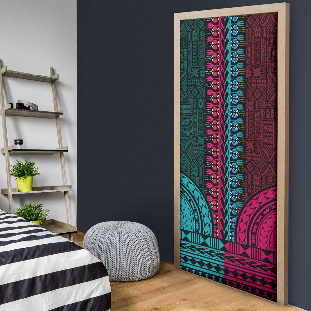 Teal-pink Dashiki and Tapa Pattern Door Cover Africa-Polynesia Together Culture