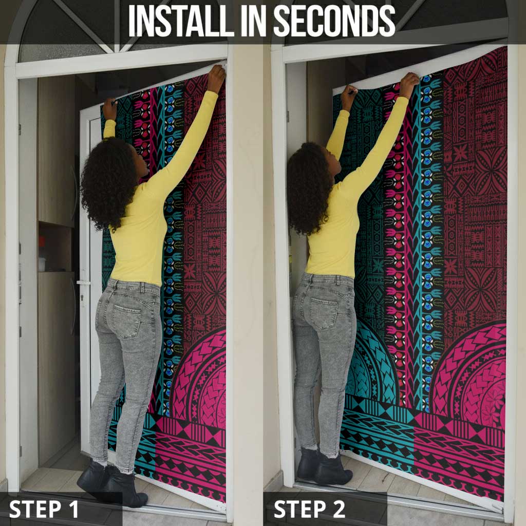 Teal-pink Dashiki and Tapa Pattern Door Cover Africa-Polynesia Together Culture