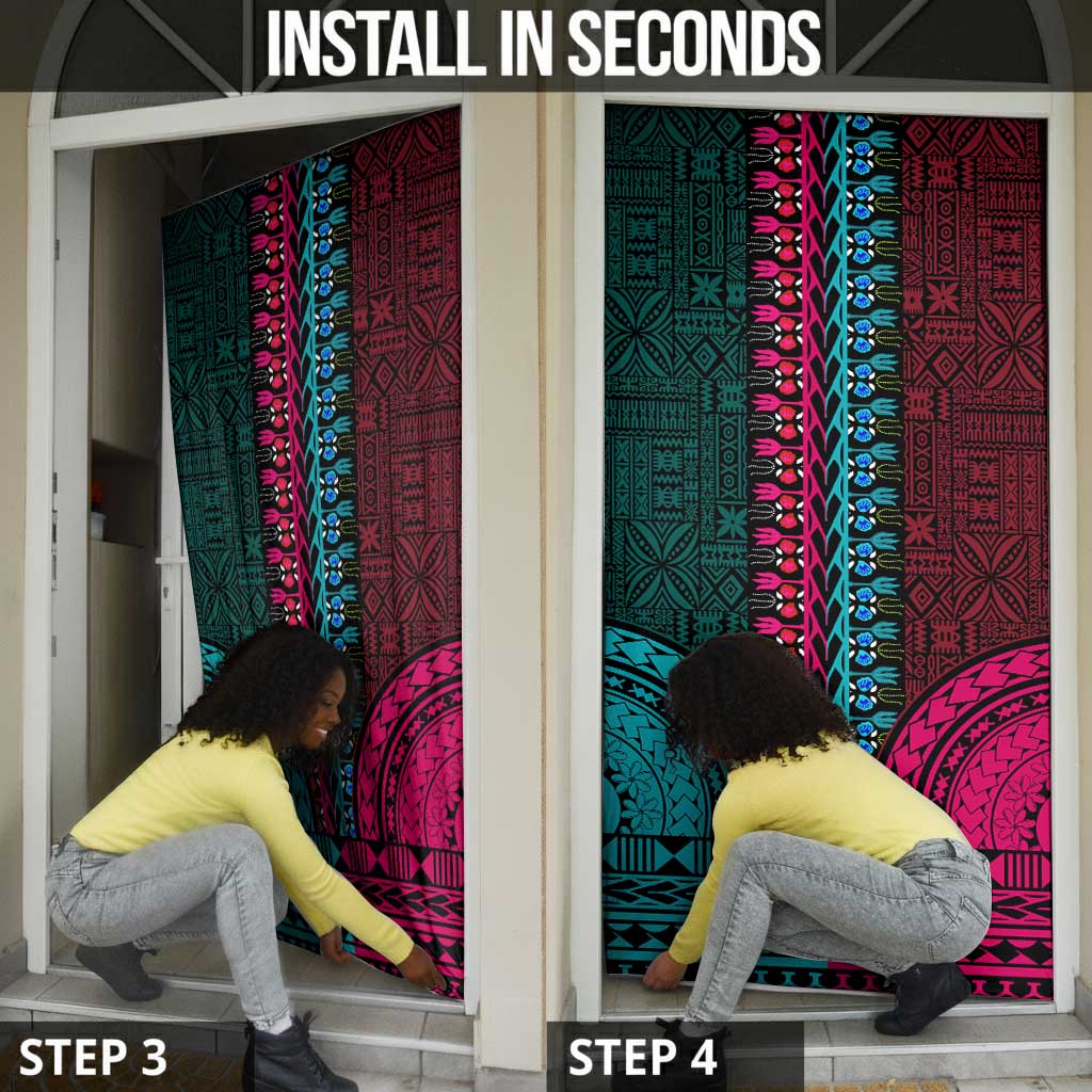 Teal-pink Dashiki and Tapa Pattern Door Cover Africa-Polynesia Together Culture