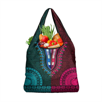 Teal-pink Dashiki and Tapa Pattern Grocery Bag Africa-Polynesia Together Culture