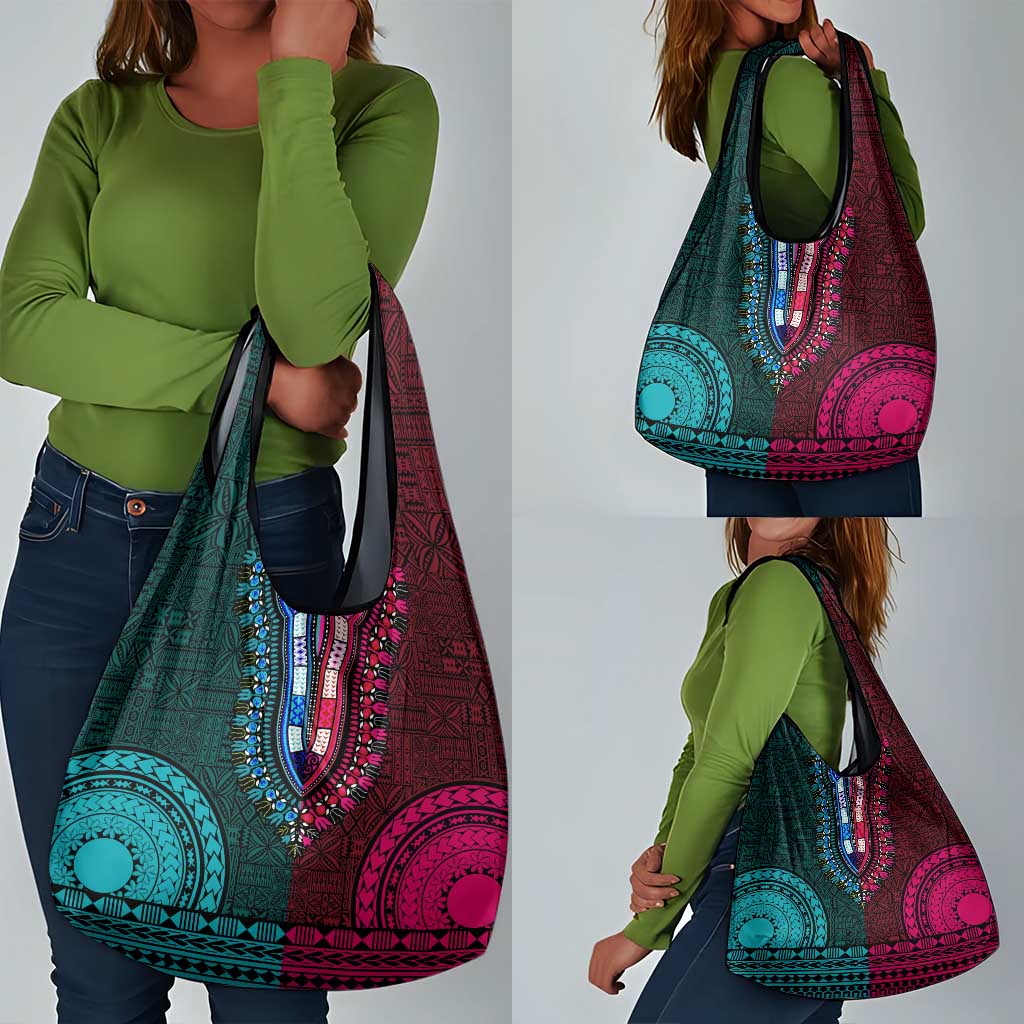 Teal-pink Dashiki and Tapa Pattern Grocery Bag Africa-Polynesia Together Culture