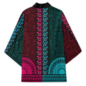 Teal-pink Dashiki and Tapa Pattern Kimono Africa-Polynesia Together Culture