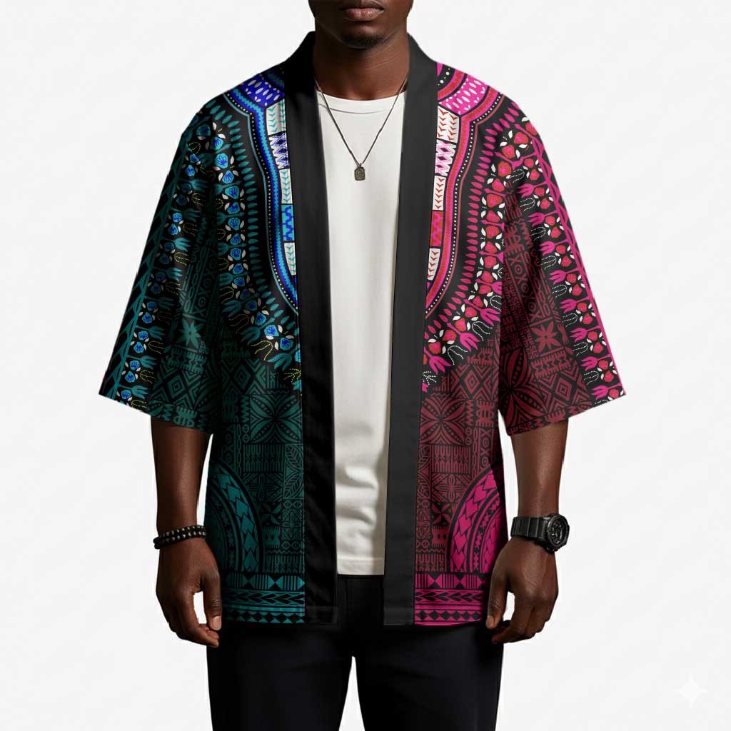 Teal-pink Dashiki and Tapa Pattern Kimono Africa-Polynesia Together Culture