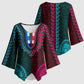 Teal-pink Dashiki and Tapa Pattern Kimono Sleeve Blouse Africa-Polynesia Together Culture