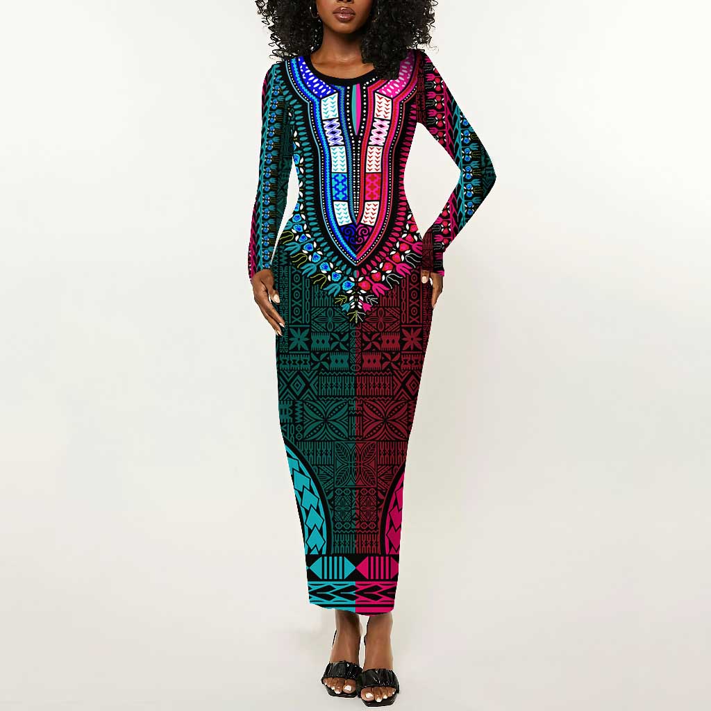 Teal-pink Dashiki and Tapa Pattern Long Sleeve Bodycon Dress Africa-Polynesia Together Culture LT9