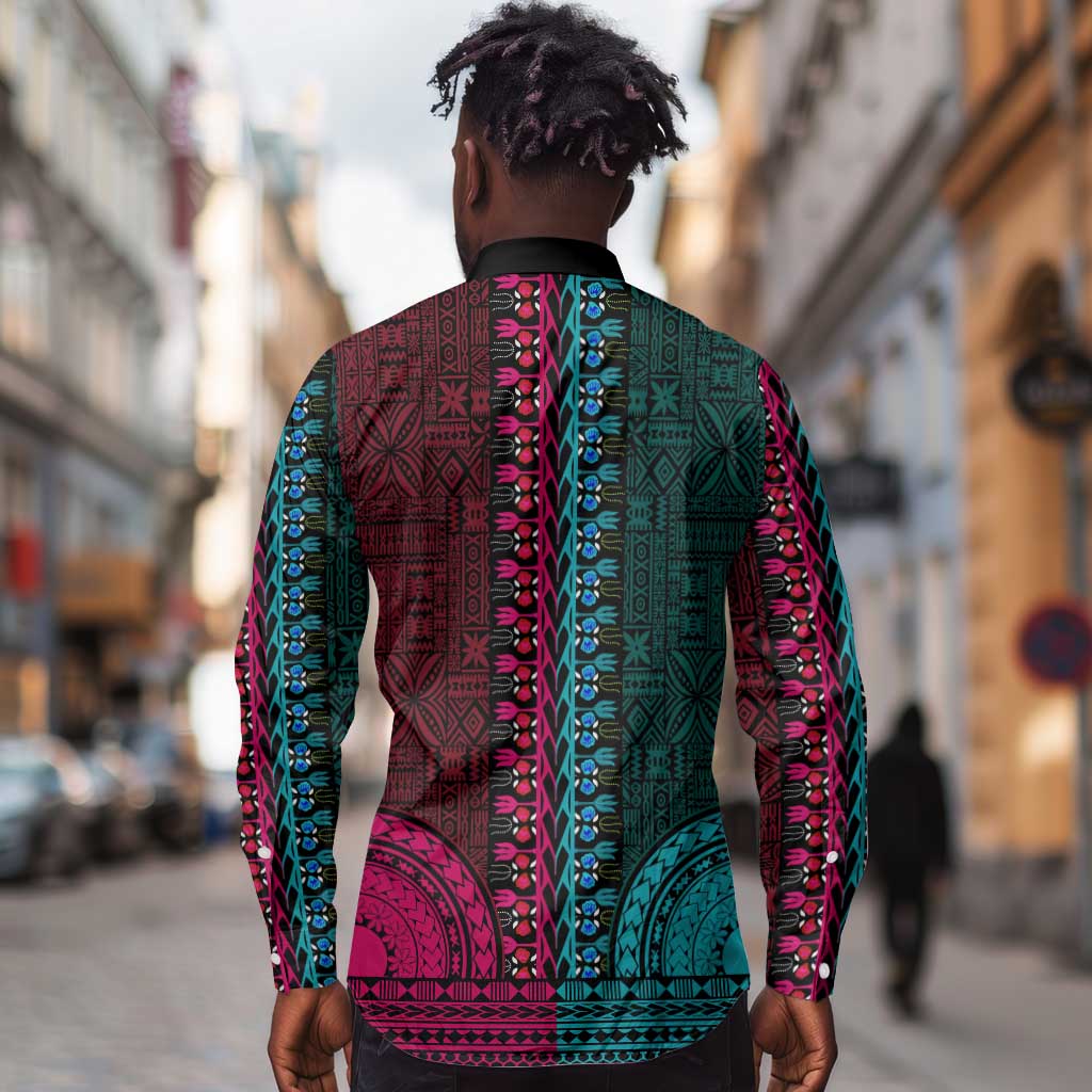 Teal-pink Dashiki and Tapa Pattern Long Sleeve Button Shirt Africa-Polynesia Together Culture