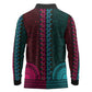 Teal-pink Dashiki and Tapa Pattern Long Sleeve Polo Shirt Africa-Polynesia Together Culture