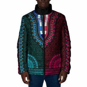 Teal-pink Dashiki and Tapa Pattern Padded Jacket Africa-Polynesia Together Culture