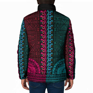 Teal-pink Dashiki and Tapa Pattern Padded Jacket Africa-Polynesia Together Culture