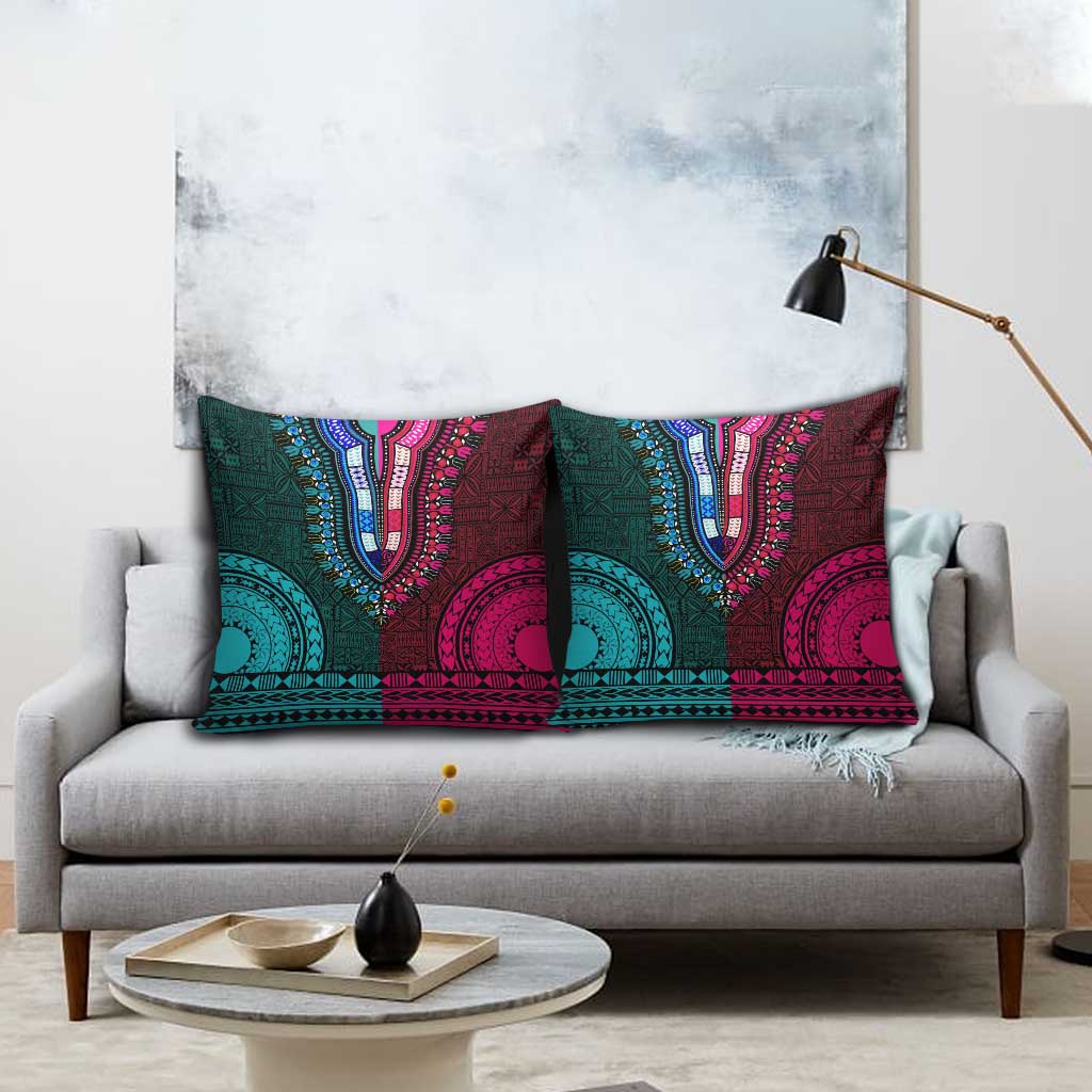 Teal-pink Dashiki and Tapa Pattern Pillow Cover Africa-Polynesia Together Culture