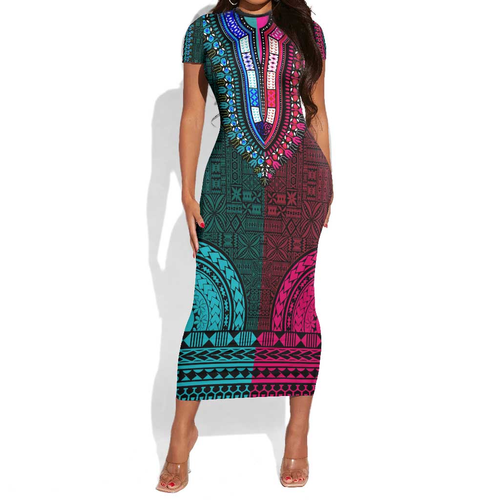 Teal-pink Dashiki and Tapa Pattern Short Sleeve Bodycon Dress Africa-Polynesia Together Culture LT9