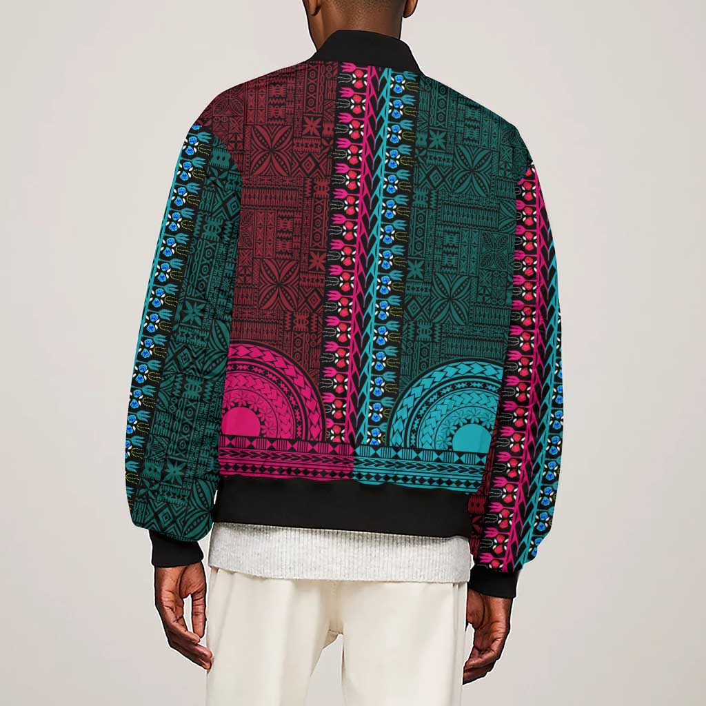 Teal-pink Dashiki and Tapa Pattern Sleeve Zip Bomber Jacket Africa-Polynesia Together Culture
