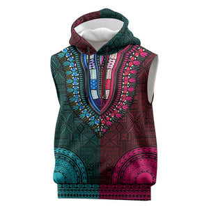 Teal-pink Dashiki and Tapa Pattern Sleeveless Hoodie Africa-Polynesia Together Culture - African Pride