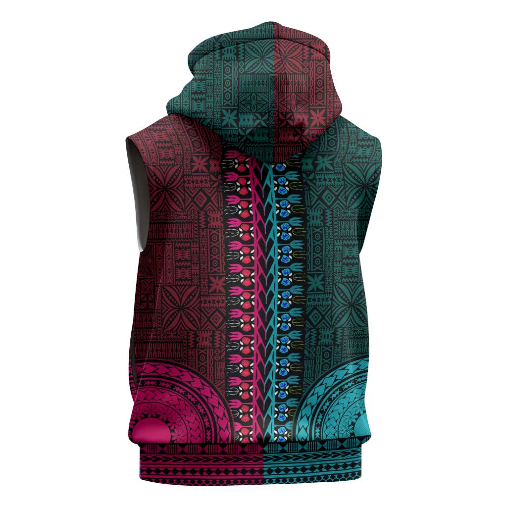 Teal-pink Dashiki and Tapa Pattern Sleeveless Hoodie Africa-Polynesia Together Culture - African Pride