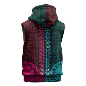 Teal-pink Dashiki and Tapa Pattern Sleeveless Hoodie Africa-Polynesia Together Culture - African Pride