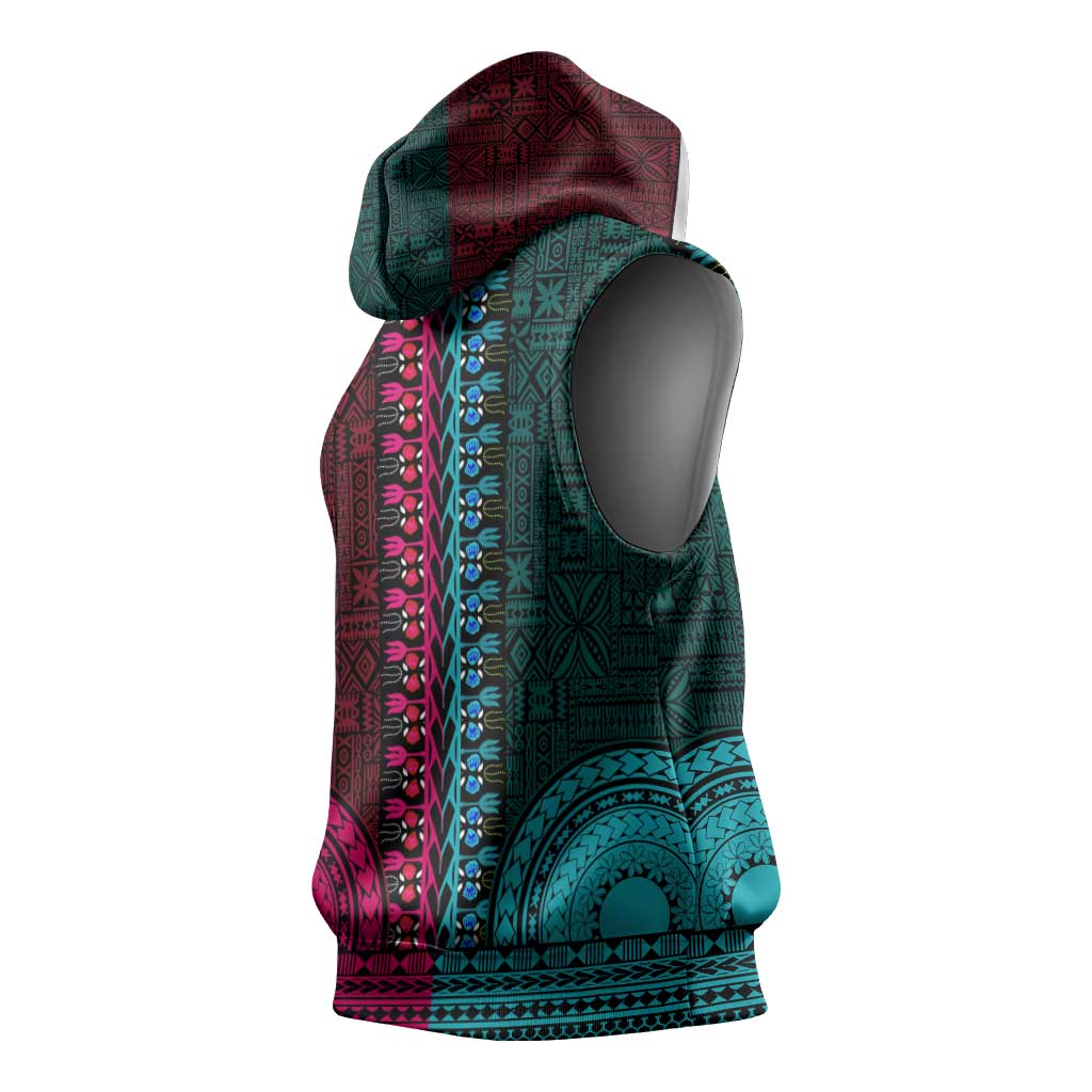Teal-pink Dashiki and Tapa Pattern Sleeveless Hoodie Africa-Polynesia Together Culture - African Pride