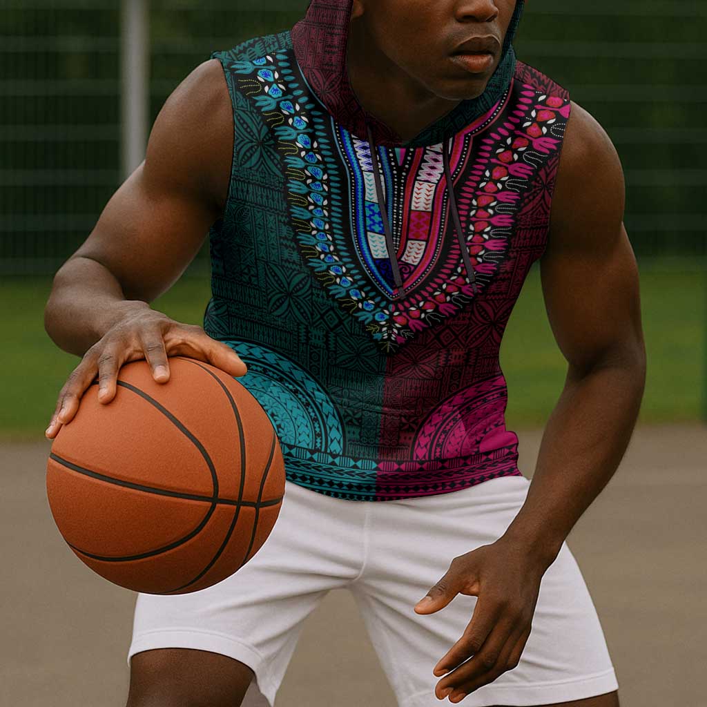Teal-pink Dashiki and Tapa Pattern Sleeveless Hoodie Africa-Polynesia Together Culture - African Pride