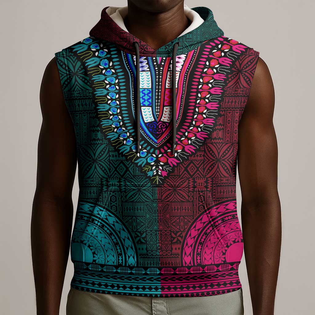 Teal-pink Dashiki and Tapa Pattern Sleeveless Hoodie Africa-Polynesia Together Culture - African Pride