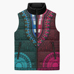 Teal-pink Dashiki and Tapa Pattern Sleeveless Puffer Jacket Africa-Polynesia Together Culture