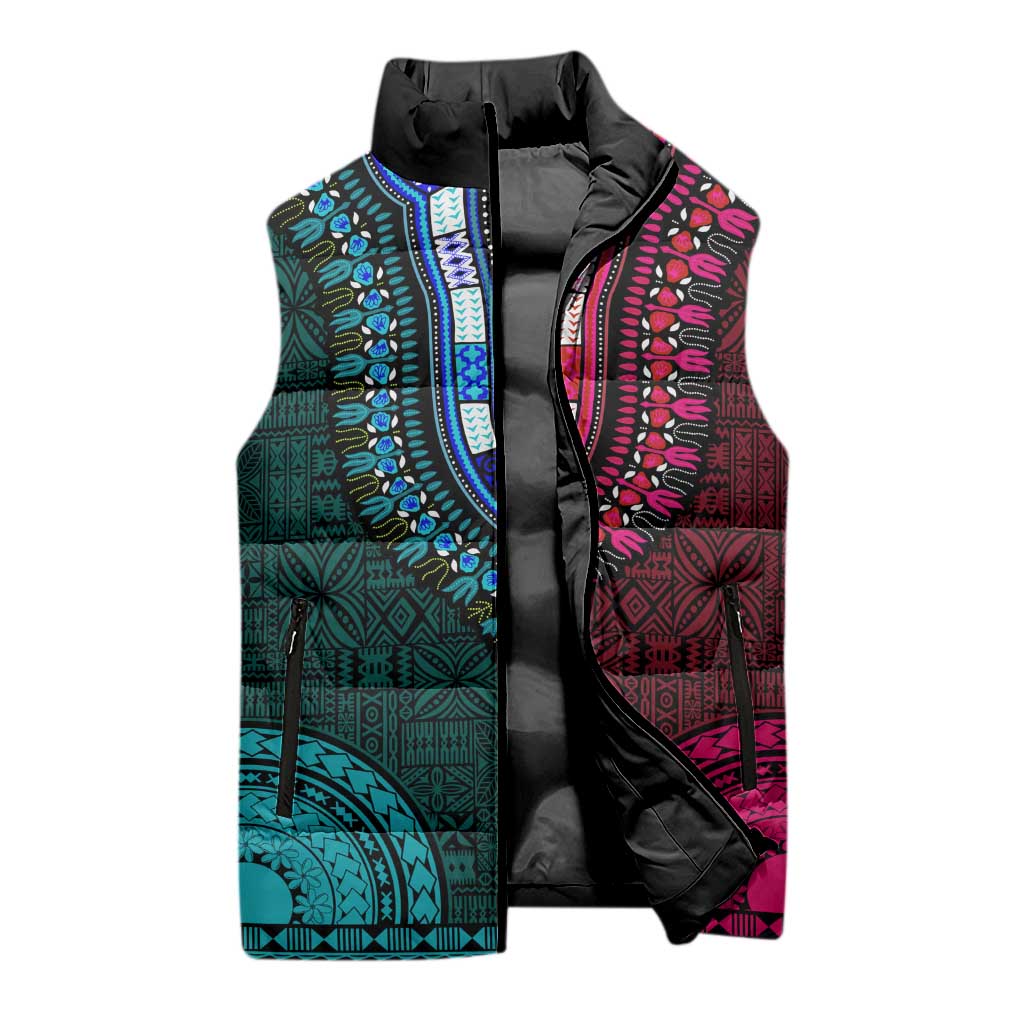 Teal-pink Dashiki and Tapa Pattern Sleeveless Puffer Jacket Africa-Polynesia Together Culture