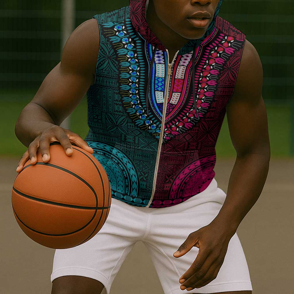 Teal-pink Dashiki and Tapa Pattern Sleeveless Zip Hoodie Africa-Polynesia Together Culture - African Pride