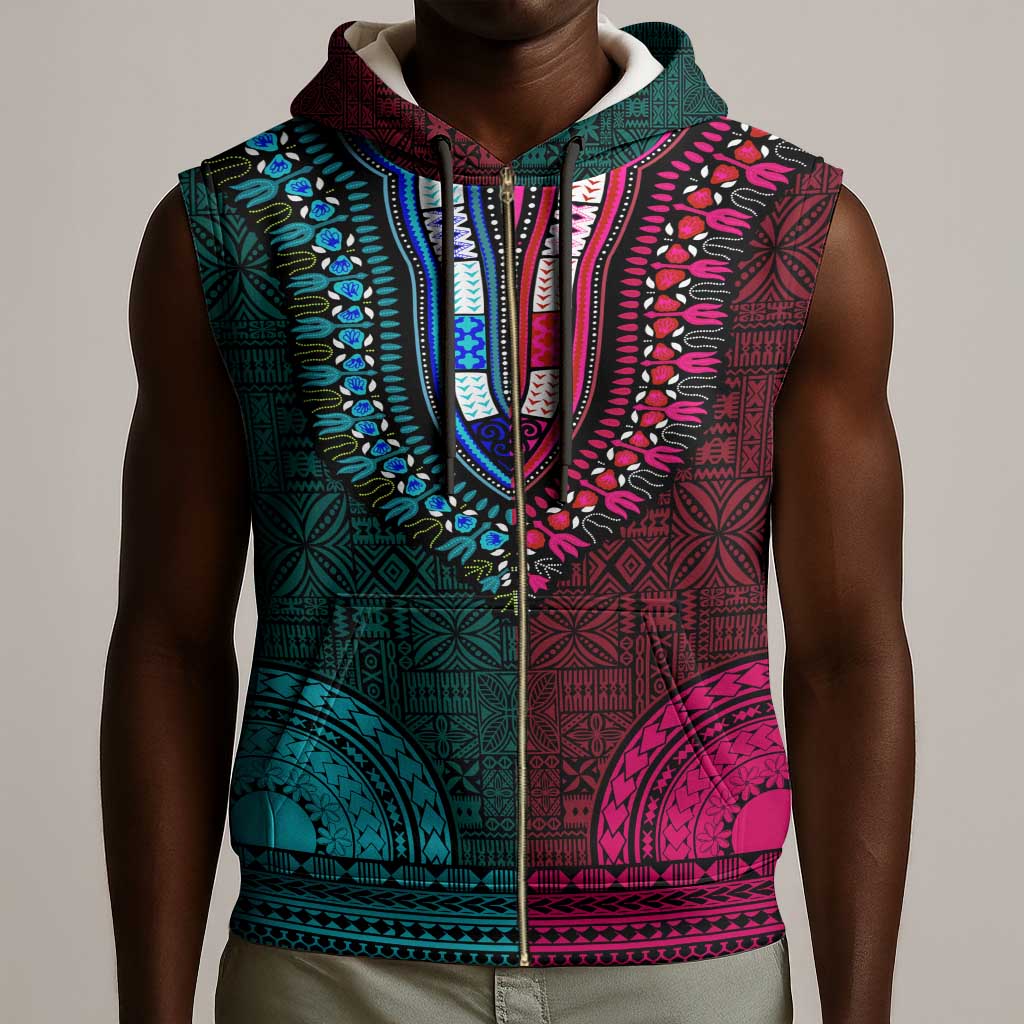 Teal-pink Dashiki and Tapa Pattern Sleeveless Zip Hoodie Africa-Polynesia Together Culture - African Pride
